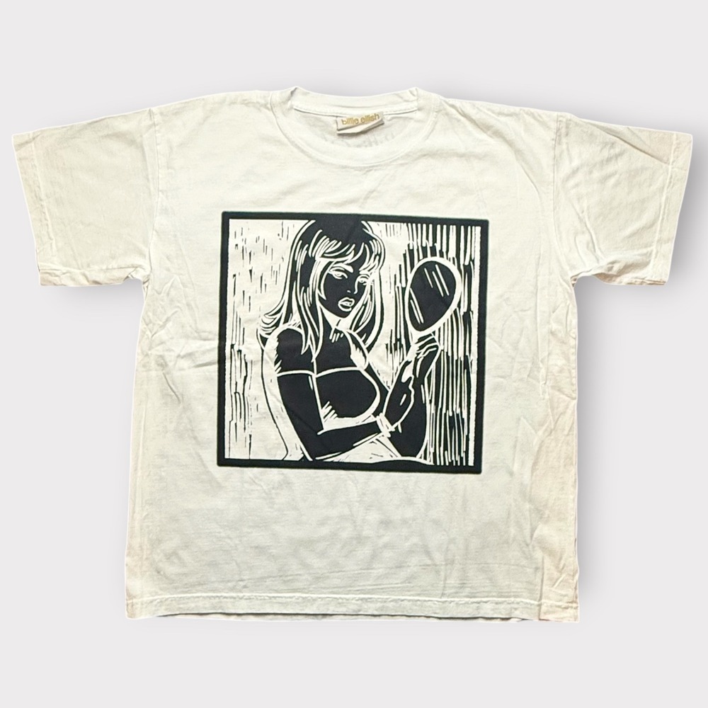 Billie Eilish Official Merchandise Graphic T-Shirt White Large Woodcut Mirror
